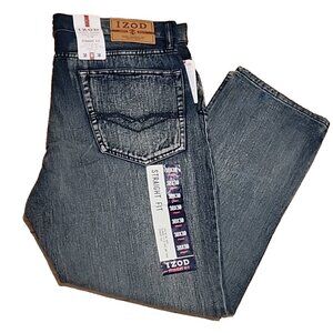 IZOD mens Jeans 38 30 Straight Leg fit Cotton dark blue denim cylinder wash new